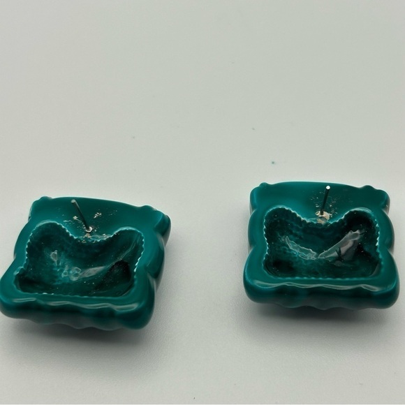 Vintage Large Statement Teal Blue Textured Puffy Square Stud Earrings Unique - Picture 5 of 8